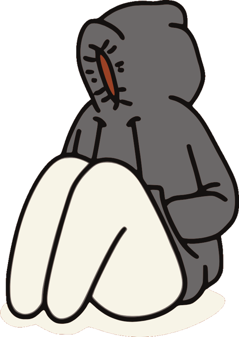 The Tattva mascot in a hoodie, sitting and waiting