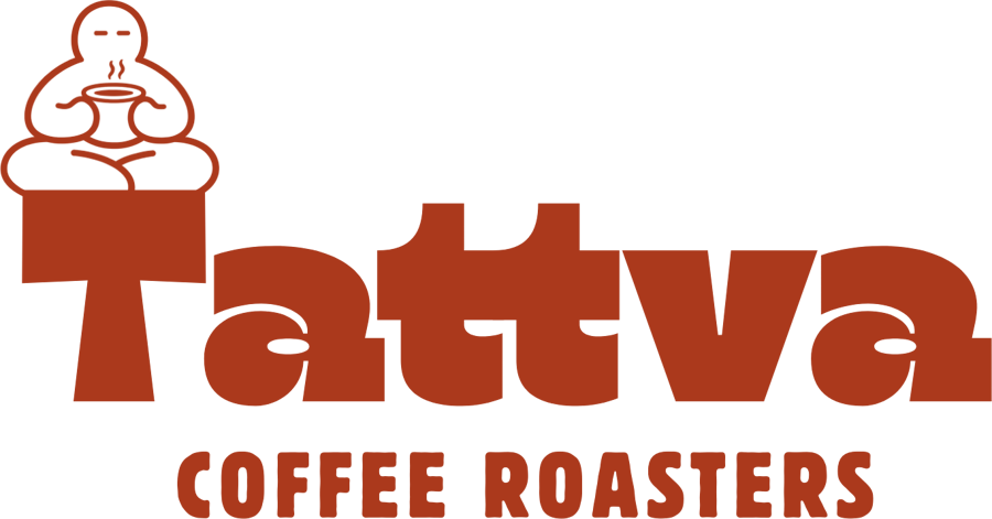 Tattva Coffee Roasters logo: the mascot sitting cross-legged on the T, holding a cup
