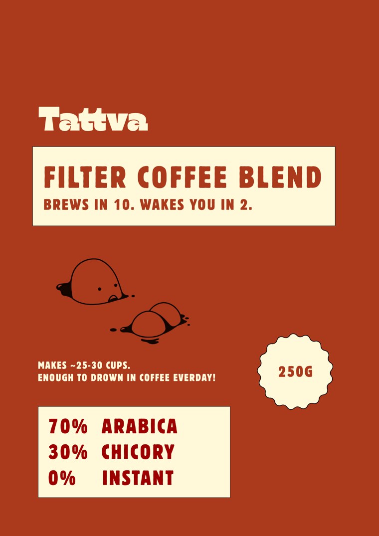 Tattva 70:30 pouch: rust front, cream label reading 70% Arabica, 30% Chicory, 0% Instant